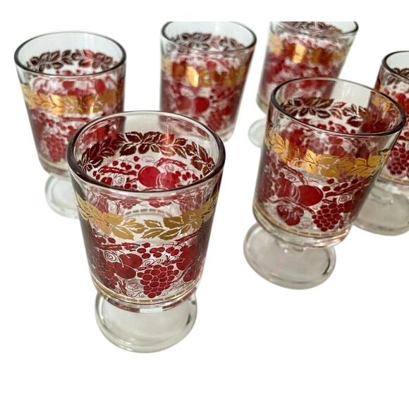 Vintage Red & Fold Motif Footed Glasses Set of 6 Retro Mid Century Barware Drink - Picture 1 of 7